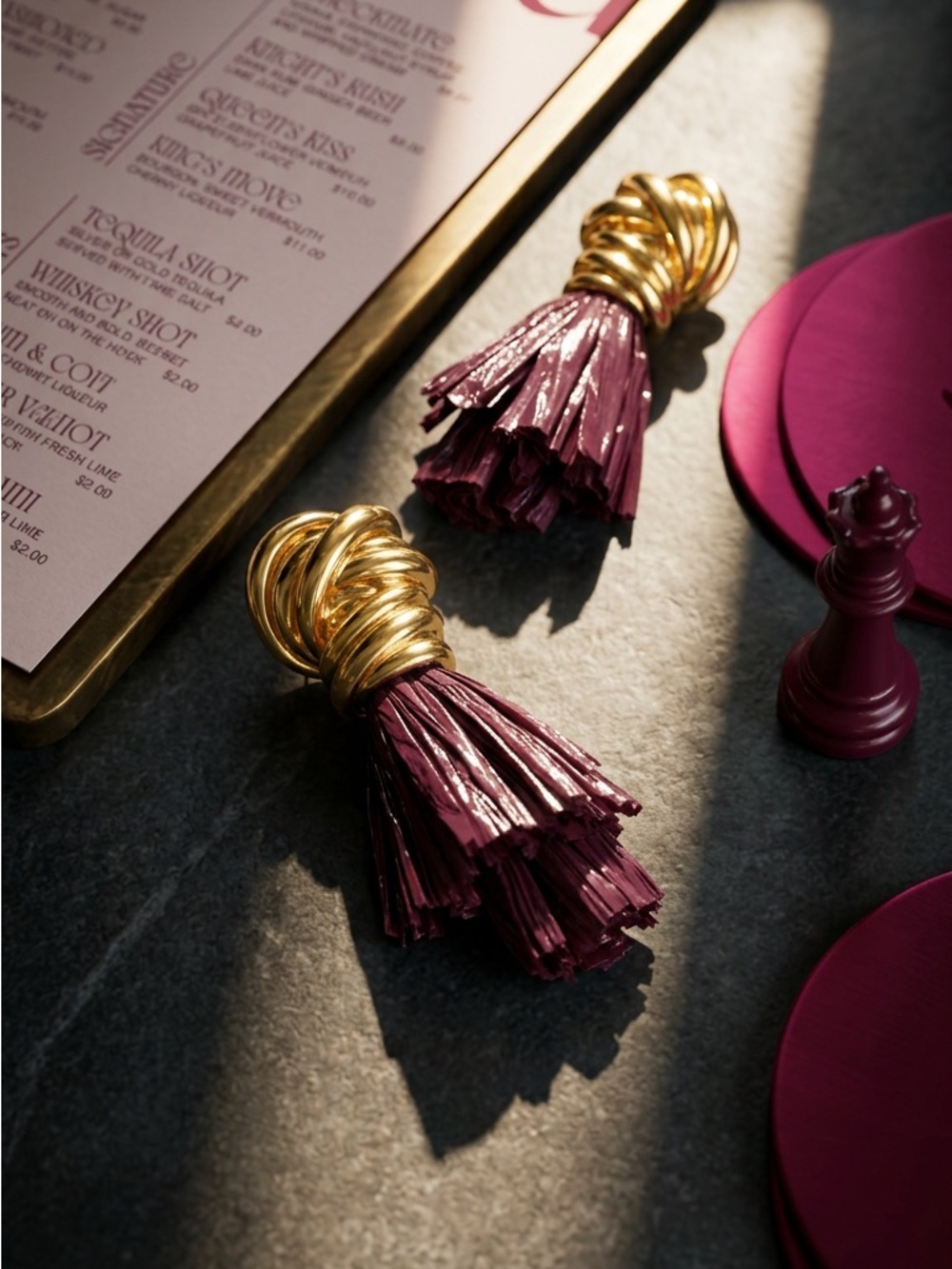 Gold and Burgundy Raffia Tassel Drop Earrings